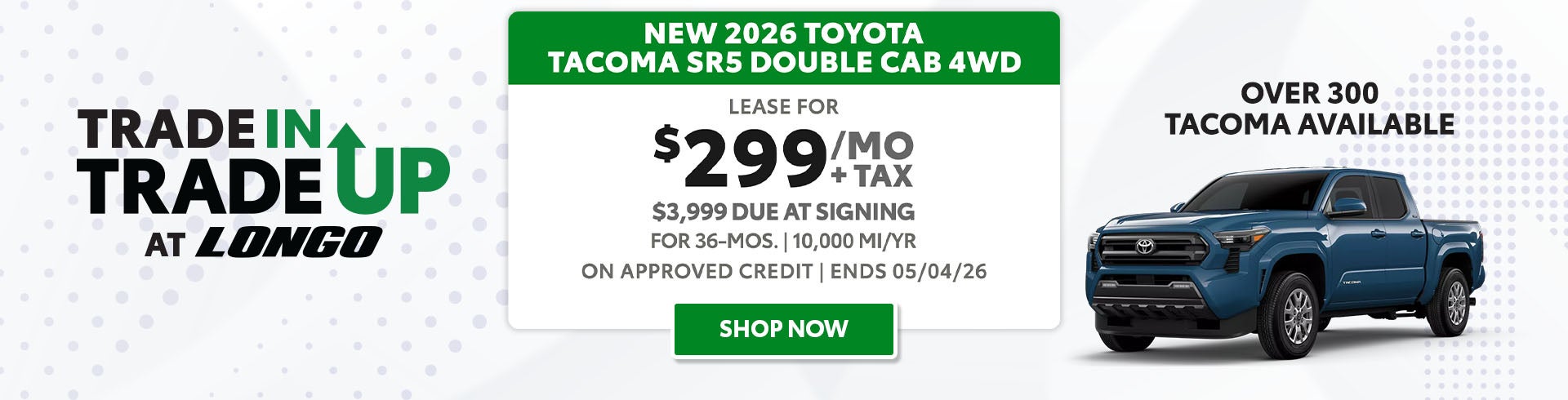 Lease a 2026 Tacoma SR5 for $299/mo + tax