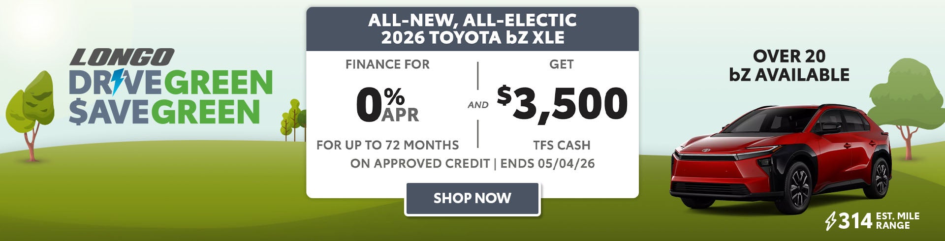 Finance a new bZ XLE for 0% APR and get $3500 TFS Cash