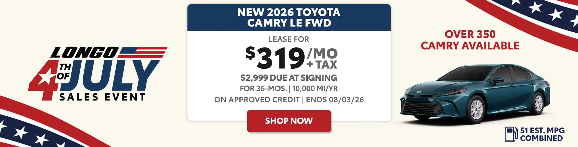 Lease a new 2026 Camry for $319/mo + tax