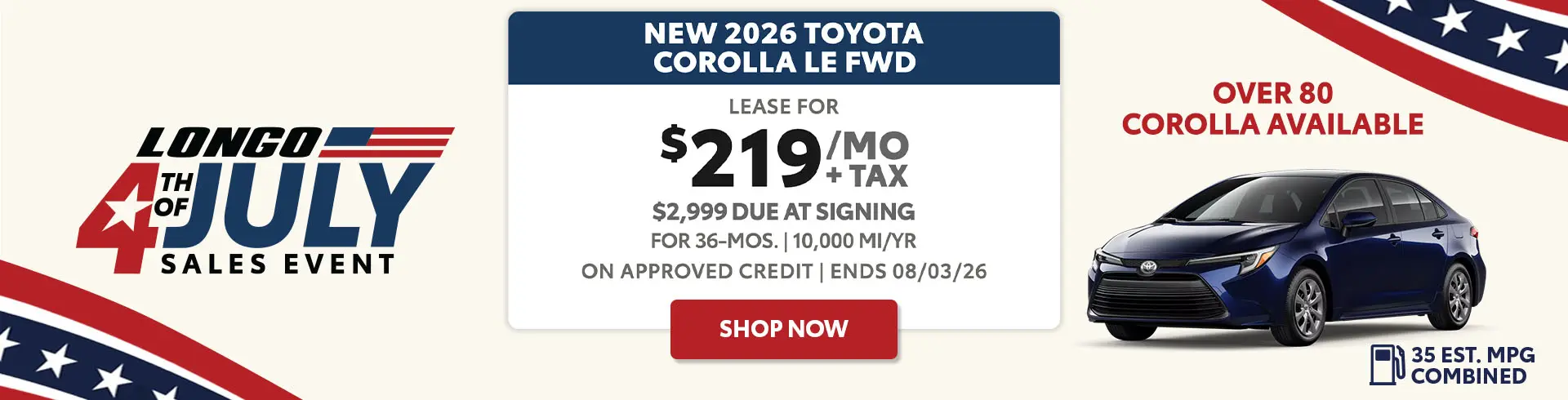 Lease a new 2026 Corolla for $219/mo + tax
