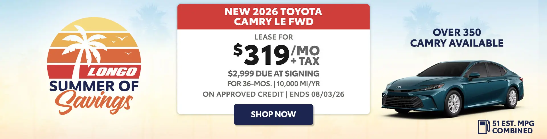 Lease a new 2026 Camry for $319/mo + tax