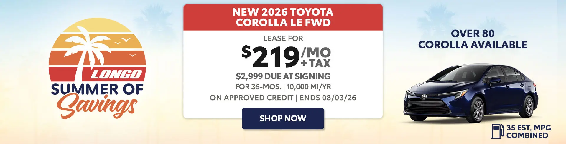 Lease a new 2026 Corolla for $219/mo + tax