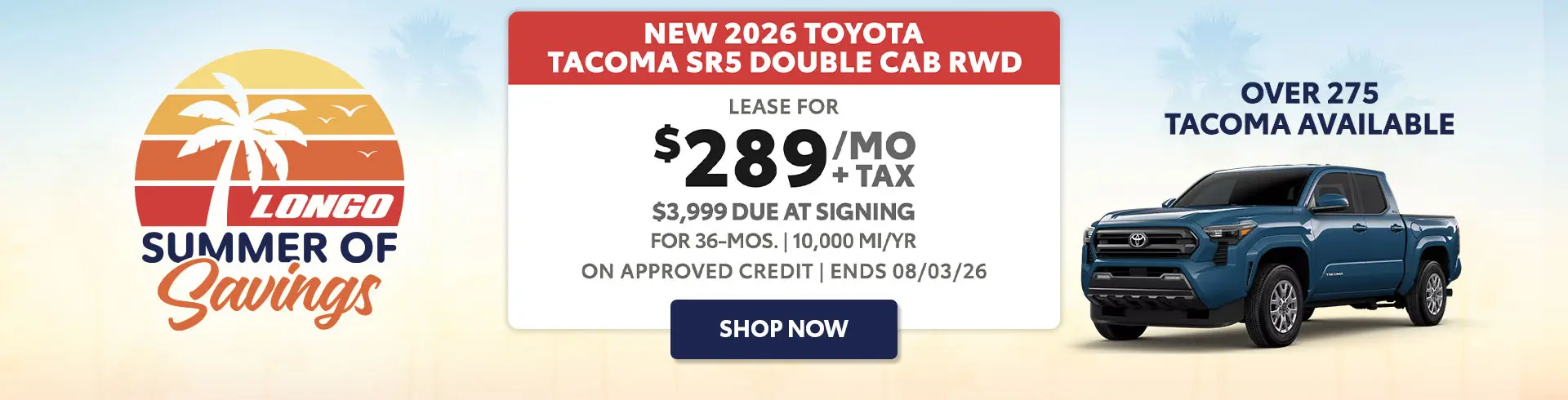 Lease a new Tacoma SR5 for $289/mo + tax