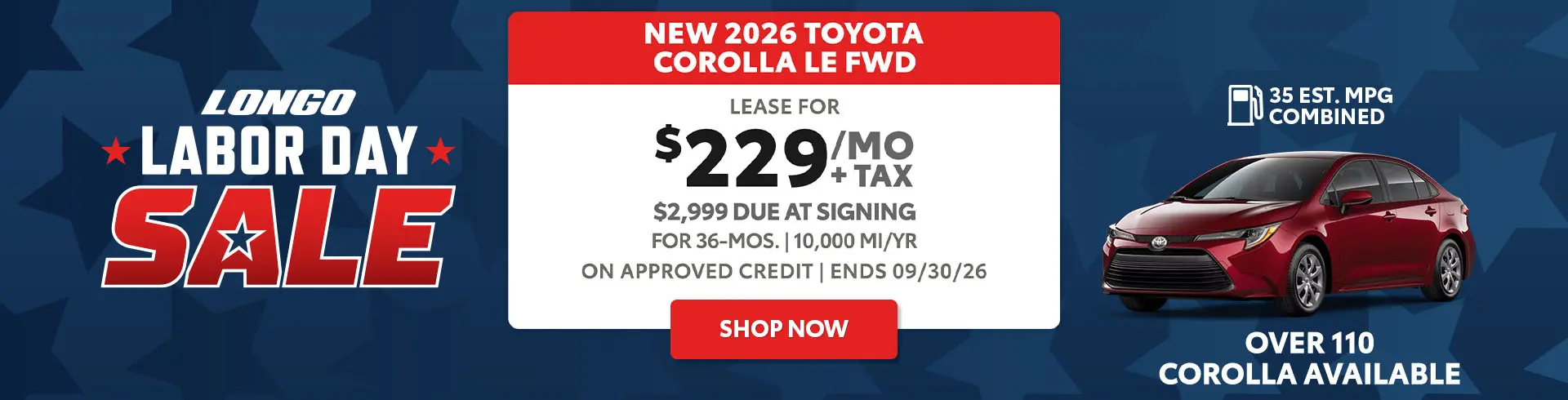 Lease a new 2026 Corolla for $229/mo + tax