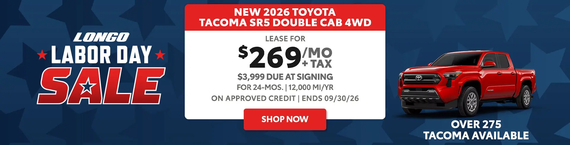Lease a new 2026 Tacoma SR5 for $269/mo + tax