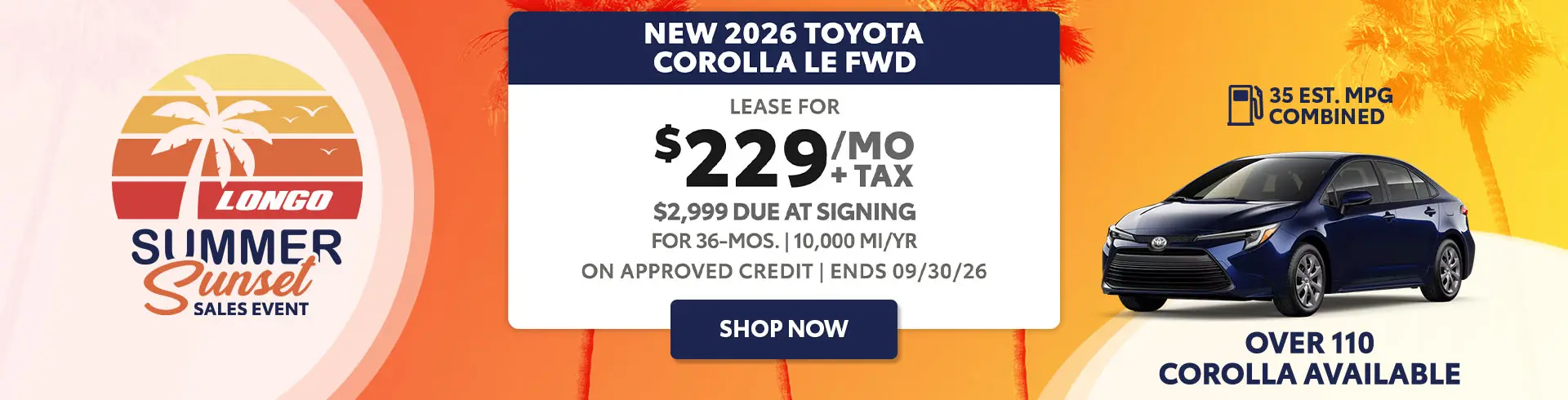 Lease a new 2026 Corolla for $229/mo + tax