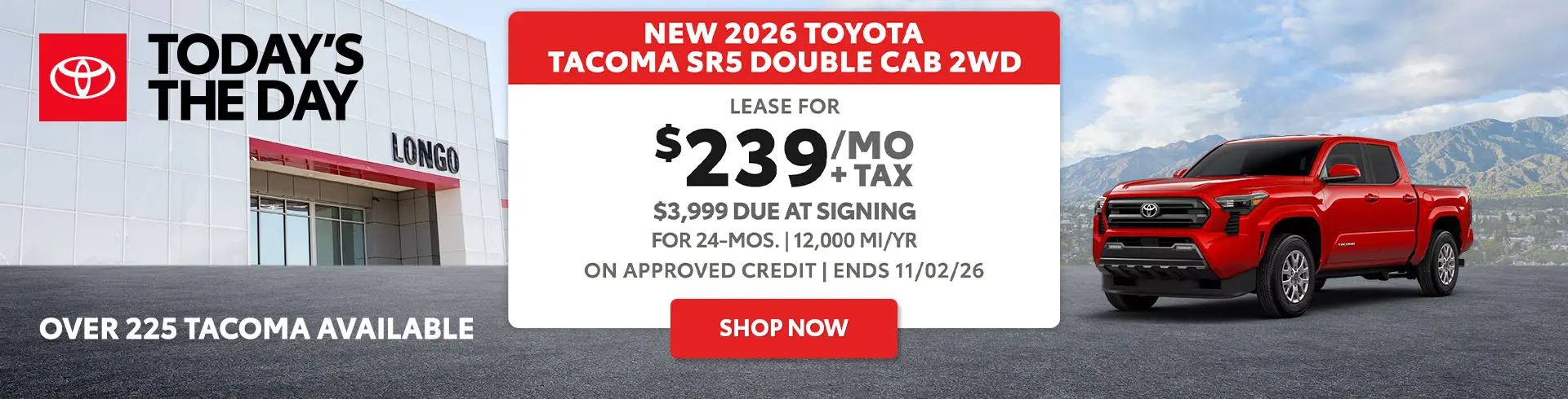 Lease a new 2026 Tacoma SR5 for $239/mo + tax